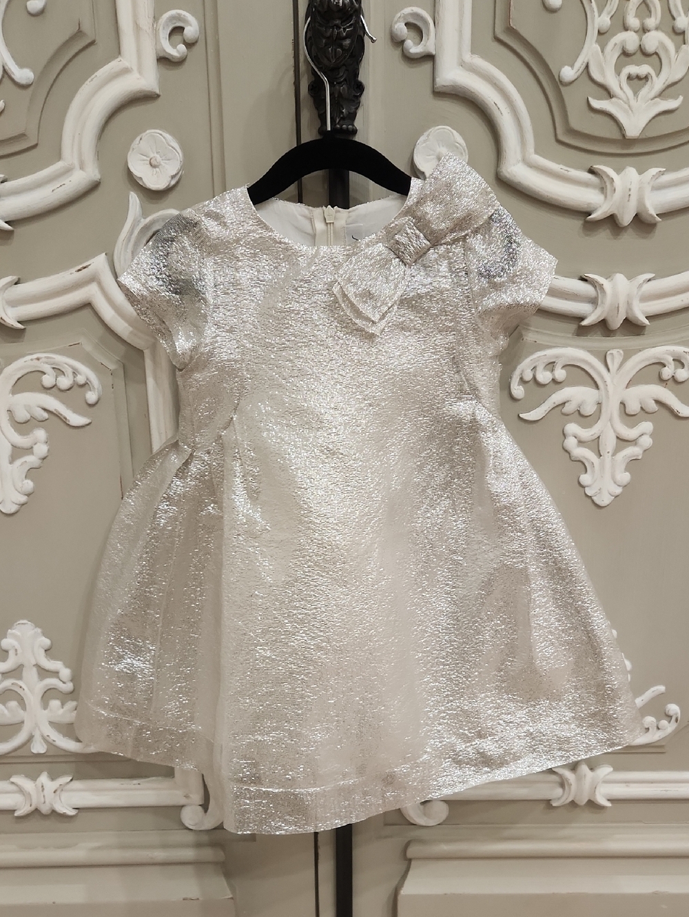 Simonetta Mini Girls Silver Sparkle Bow-Accent Dress Size 2 Made In Italy